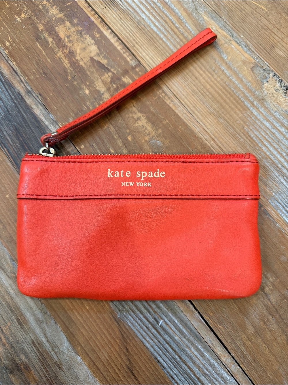 kate spade Red/Orange Leather Wristlet Pouch with Gold Logo